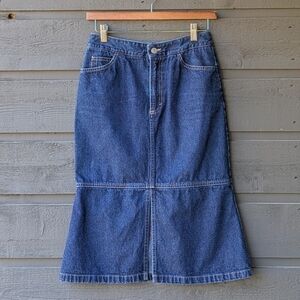 VTG Y2K Sisley Denim Midi Skirt Front Slit Made in Italy 100% Cotton Fit & Flare